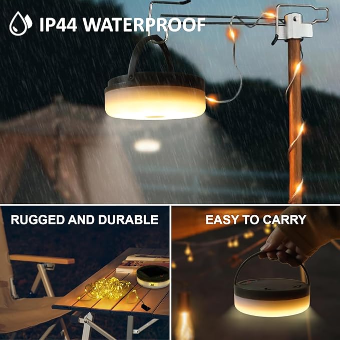 Solar Camping String Lights, 39.4FT Portable Waterproof Camping Light with 8 Lighting Modes, Solar Powered and USB Rechargeable Tent Lantern with Remote Control for Camping, Yard, Garden and Hiking