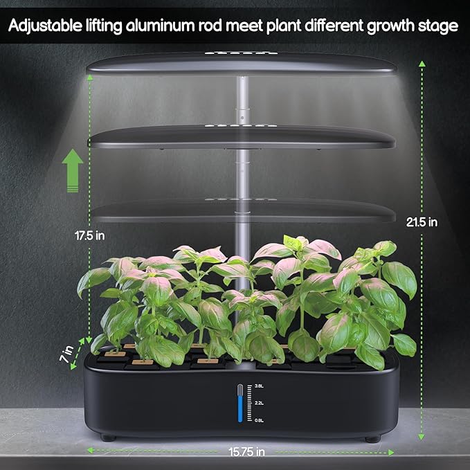 Hydroponics Growing System Kit 12Pods, Birthday Gifts for Mom Women, Herb Garden Indoor with LED Grow Light for Home, Adjustable Height Up to 17", 12Pods,Auto-Timer (Black)