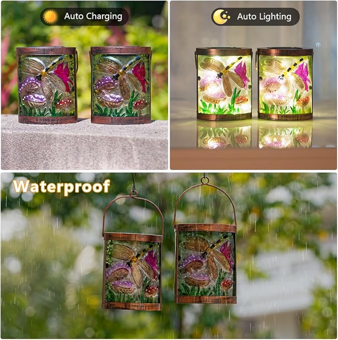Starsoul 2 Pack Hanging Solar Lantern Outdoor Waterproof Glass Dragonfly Decorative Solar Lights for Outside Garden Yard Table Patio Decor