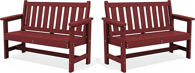 SERWALL Outdoor Bench, HDPE Outdoor Benches Weatherproof, 2-Person Garden Bench with 660 lbs Weight Capacity, Patio Benches for Outdoors, Garden, Porch, Backyard and Park, Red, 2 Pack