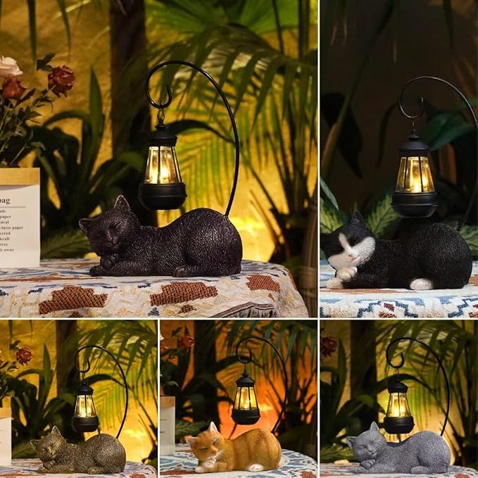 Cat Statue with Light Lantern Outdoor Garden Decor, Sleeping Cat Figurine with Solar-Powered LED Light, 13 Inches Tall Antique Bronze, Perfect for Gift Garden Decor or Housewarming for Cat Lovers