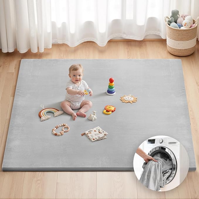 Blissful Diary Ultra Soft Baby Play Mat, 71x59 Extra Large Floor Mat with Removable & Washable Slip-On Cover for Babies and Toddlers, Light Grey