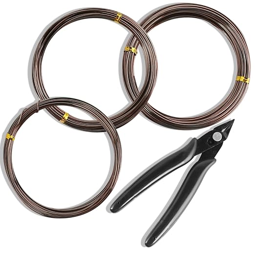 Sanlykate Bonsai Wire Tool Kit with Cutter, 3 Roll Tree Training Wires 98 Feet Total, 1.0mm, 1.5mm, 2.0mm Anodized Aluminum Wire Set, Hold Plant Branches Trunks - Brown