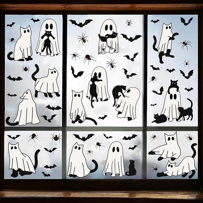 6 Sheets Halloween Window Clings Ghost Window Stickers Halloween Cute Black Cat Bat Designs Double-Side Glass Decals for Home Office Party Favor Windows Glass Decoration Supplies