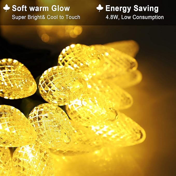 DEWENWILS C7 Warm White Christmas Lights, 33.3ft 50 LED String Lights Waterproof, Indoor/Outdoor Decorations for Xmas Tree, Patio, Garden, Yard, Porch, Green Wire, UL Listed