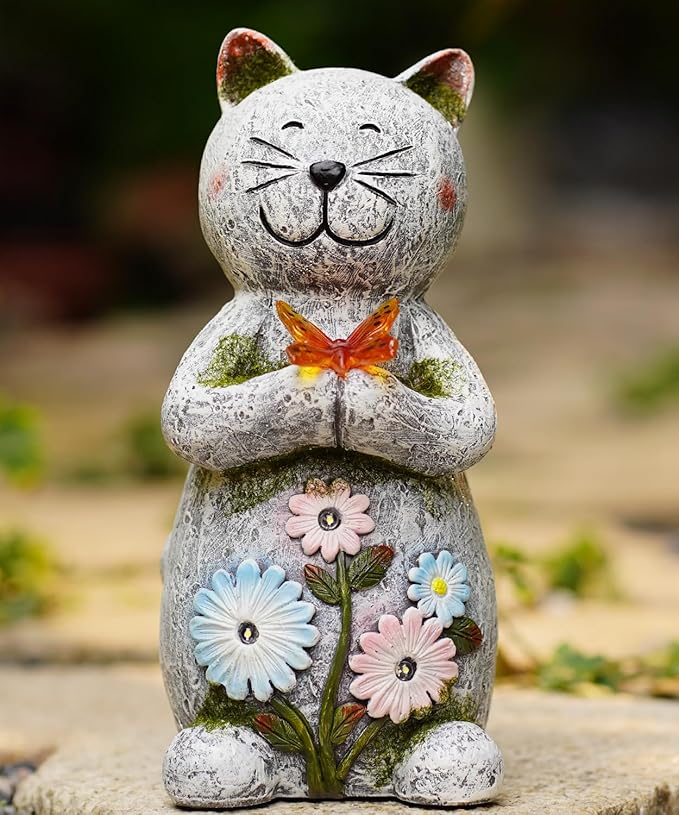 Solar Retro Cat Statue Outdoor - Resin Garden Outside Decorations with Butterfly for Patio,Balcony,Yard,Birthday Gardening Gifts for Women Mom