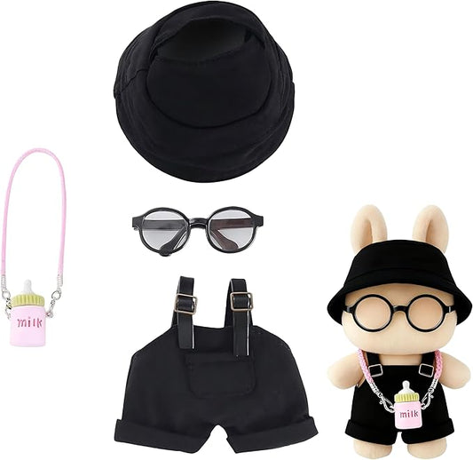 4-Piece 17cm Doll Clothes Set Clothes for Dolls Black Overalls, Fisherman Hat, Glasses & Pendant – 17cm Doll Overalls Accessories Only