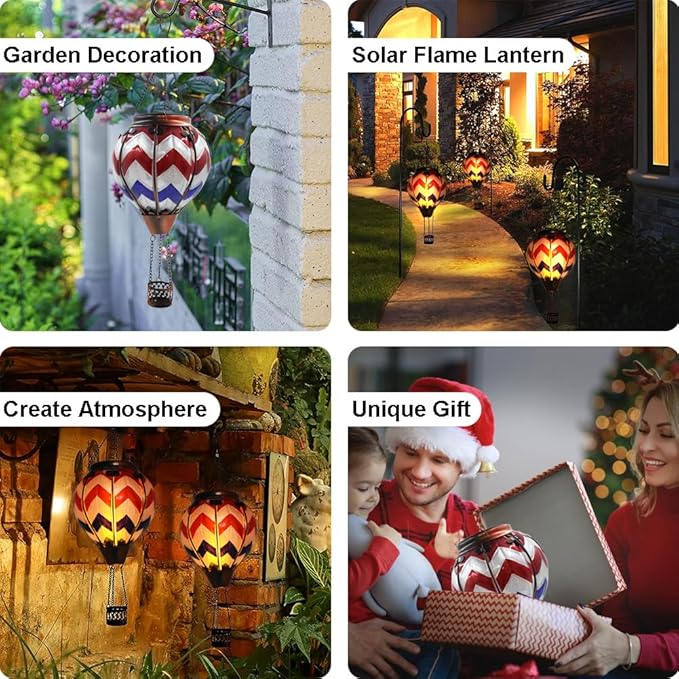 Hot Air Balloon Solar Lantern with Flickering Flame, Glass Hanging Garden Lights Outdoor Waterproof for Tree Yard Patio Mother's Day Gift, 18" H Wavy-Blue Red White