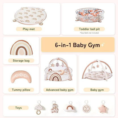 Crisschirs 6-in-1 XL Large Baby Gym & Ball Pit, Play Mat & Play Gym, Combination Baby Activity Gym with Milestone Cards for Sensory Exploration and Motor Skill Development, Balls are not Included