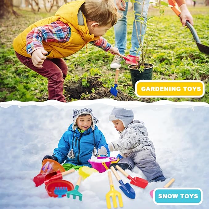 Beach Toys, 6 Pcs Children Beach Sand Toys, 8'' Kids Gardening Set Metal Garden Tools with Sturdy Wooden Handle,Safe Kids Shovel with Cylinder, Spoon, Fork, Rake, Flat Shovel & Pointed Shovel