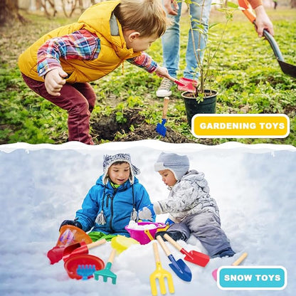 Beach Toys, 6 Pcs Children Beach Sand Toys, 8'' Kids Gardening Set Metal Garden Tools with Sturdy Wooden Handle,Safe Kids Shovel with Cylinder, Spoon, Fork, Rake, Flat Shovel & Pointed Shovel