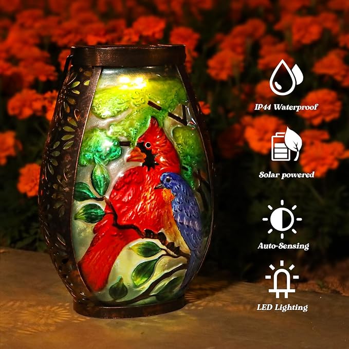 MUMTOP Solar Lanterns Outdoor Waterproof Cardinal Bluebird Solar Powered LED Lights Hanging Solar Lantern Metal Decorative for Patio Table Garden Outside Yard Backyard