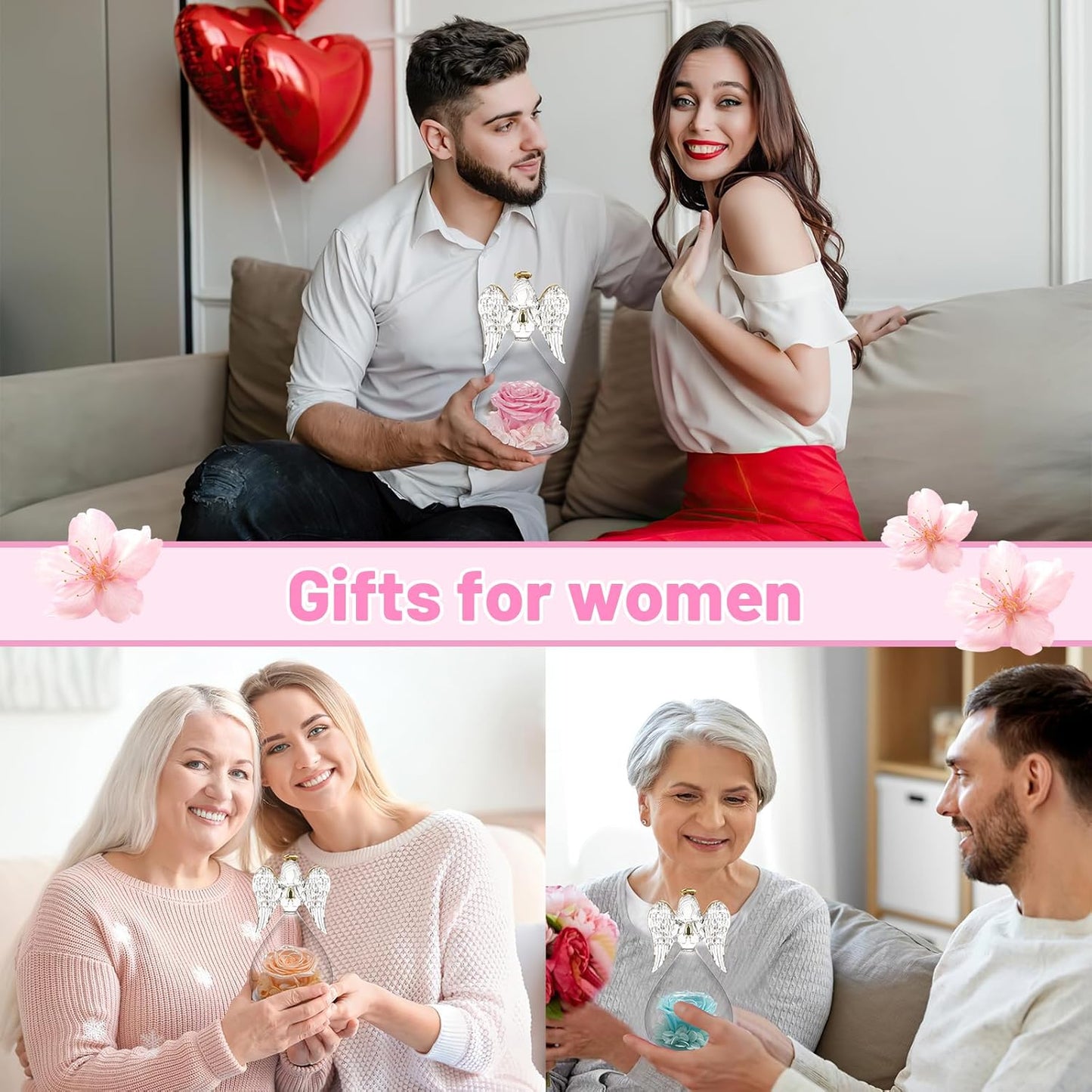 Yamonic Mom Birthday Gifts for Mom,Angel Figurines with Real Rose Gifts for Her Women Grandma, Preserved Flowers Rose Angel Figurines for Mothers Day Christmas Anniversary Wife Gifts(Pearl Champagne)