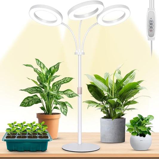 LBW Halo Plant Grow Light, Tri-Head Desk Grow Light for Indoor Growth, 72x3 LEDs Full Spectrum Grow Lamp with 4/8/12H Auto Timer, 4 Brightness Levels, Height Adjustable, Ideal for Indoor Plants, White