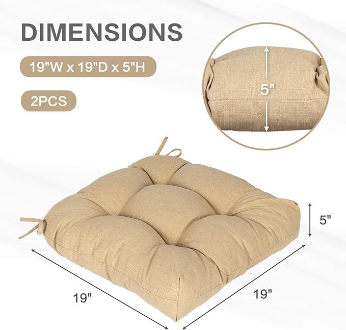 Aoodor 19" x 19" x 5" Tufted Outdoor Chair Cushions, Water Resistant & Fade Resistant Polyester Dining Chair Pads with 2 Straps for Patio Furniture, Set of 2