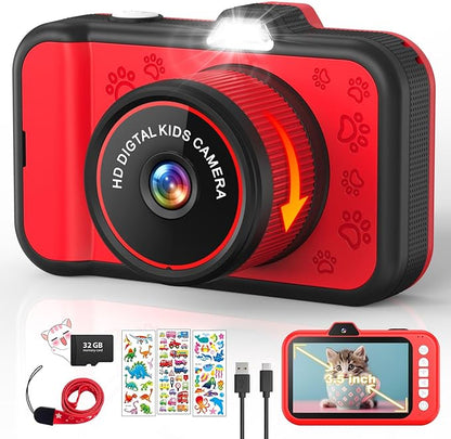Kids Camera, Toddler Digital Camera with Rotating Zoom Lens, 3.5” Large Screen, 1080P Toy Camera for Kids with Flash, 32GB Card, Birthday Gifts for Boys Girls 3 4 5 6 7 8 9 10 11 12 Year Old