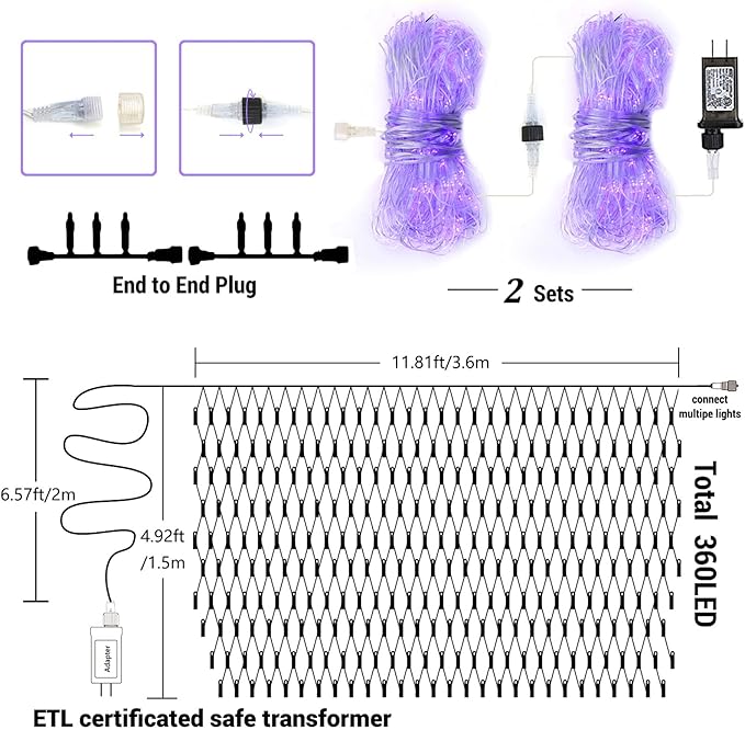 BrizLabs Christmas Net Lights, 11.8ft x 4.9ft 360 LED Christmas Bush Lights with Remote & Timer, 8 Modes Purple Mesh Lights Connectable Christmas Lights Outdoor for Christmas Bush Tree Yard Garden