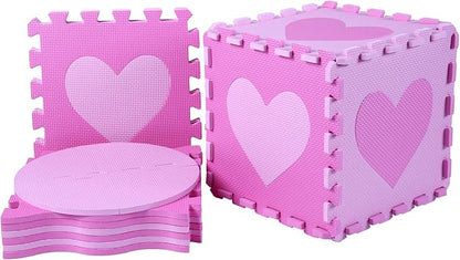 Foam Play Mat for Kids, 25pcs Square Interlocking Puzzle Floor Mat, Baby Toddler Playmat with Fence - Pink Heart