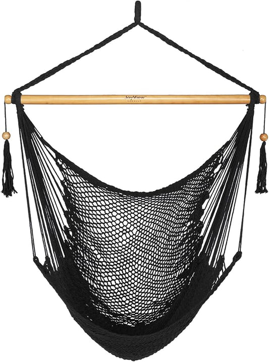 JoyView Hammock Chair with Spreader Bar Caribbean Hammock Swing Chair 300 LBS Weight Capacity XL Rope Hanging Chair for Outdoor Indoor Garden Yard - Black