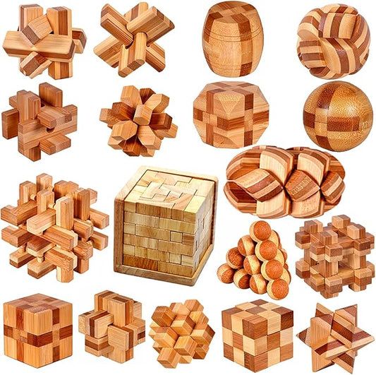 18 Pack Wooden Brain Teaser Puzzles Stress Relief Toys Wooden Burr Puzzles Brain Teaser Puzzle with Gift Packing Box Magic Puzzle Games Toy for Kids and Adults by AHYUAN (Bamboo)
