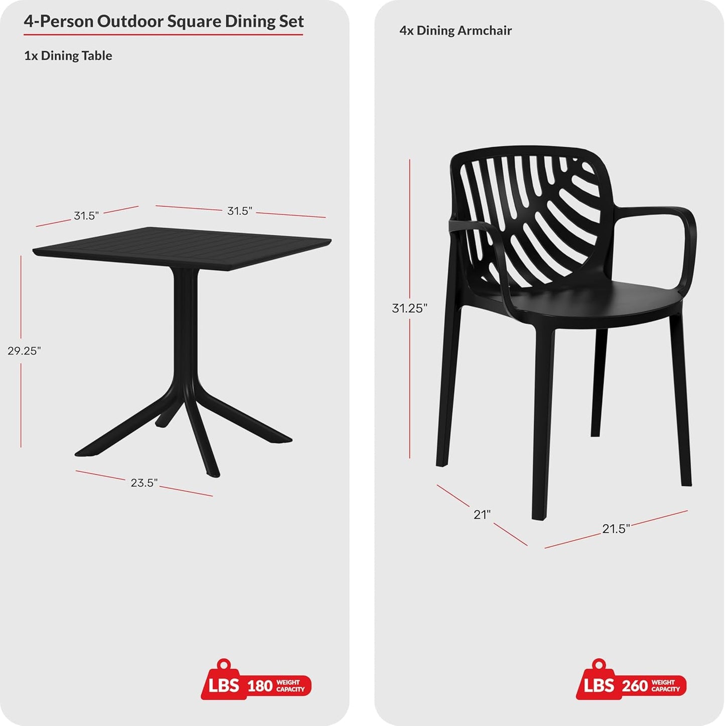 5 Piece Patio Furniture Set, HDPE Patio Square Bistro Table and Stackable Chairs Sets for 4, Outdoor Furniture All Weather for Backyard Poolside, Black