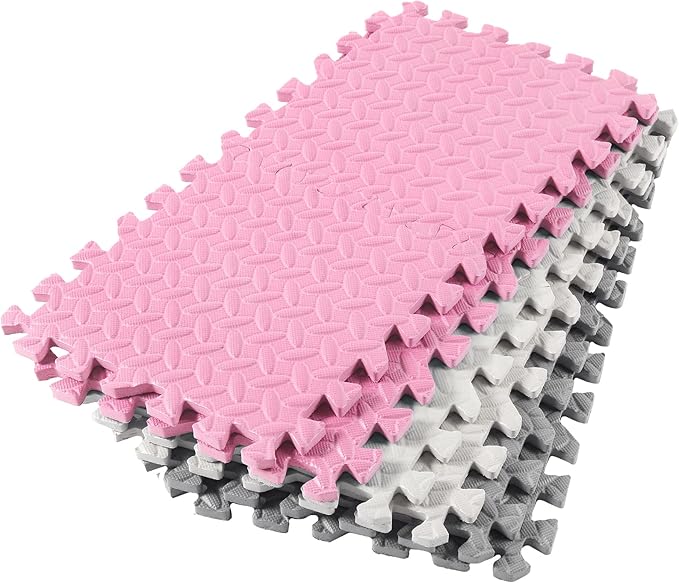 Shihanee Foam Floor Baby Tiles Foam Floor Mats Play Mats Bulk with Borders Interlocking for Kids Baby Playroom Nursery Gym (White, Gray, Pink,64ft)