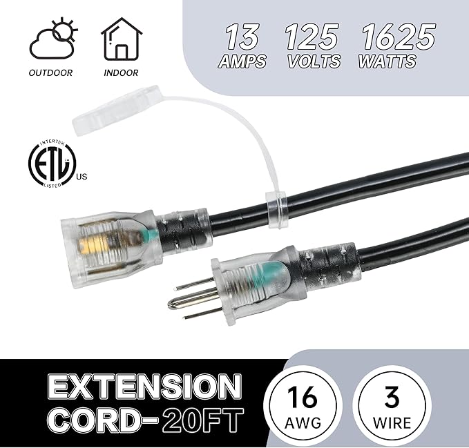 50FT 16 Gauge Power Extension Cord,7 Spaced Outlet Cable.Multi Outdoor Evenly-Spaced Plugs,Power Cord Splitter,Ideal for Holiday Decoration and Christmas Light,ETL Listed