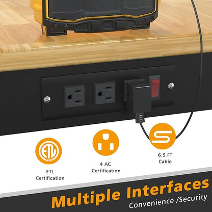 60" Adjustable Workbench with Drawer, Movable Heavy-Duty Workstation with Locking Wheel, 2000 LBS Worktable with Power Outlets, Wooden Work Bench for Garage, Workshop, Office