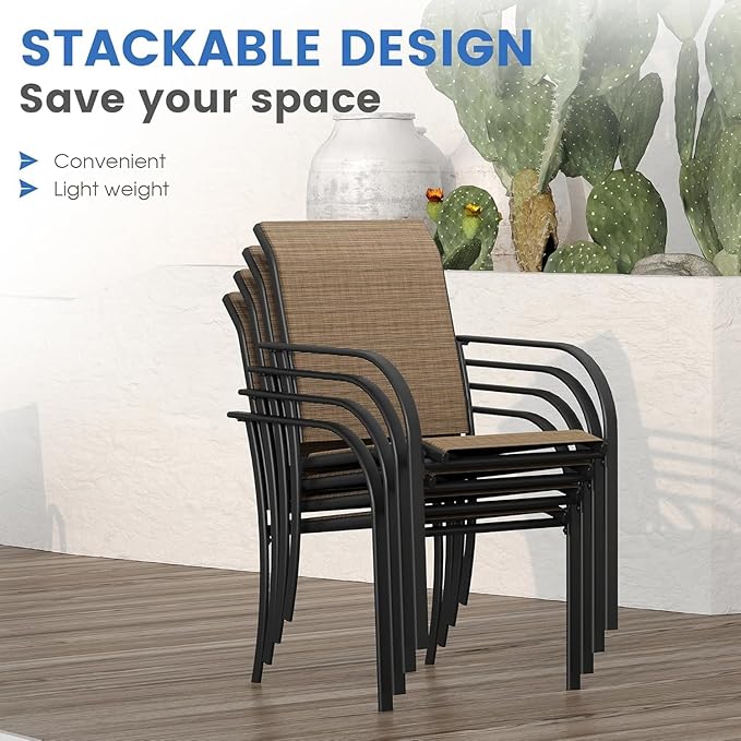 VICLLAX 5 Pieces Patio Dining Set for 4, Outdoor Furniture Set Includes 40.7" Round Patio Table and 4 Patio Stackable Chairs, Black Tabletop and Brown Fabric