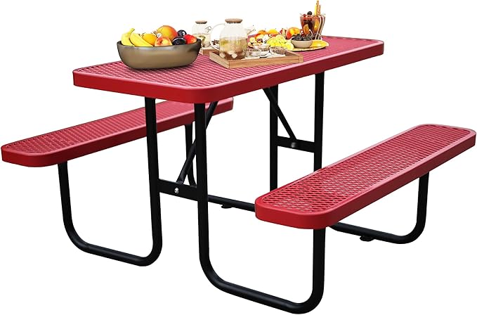 4FT Metal Picnic Tables for Outdoors, Commercial Rectangular Picnic Table and Bench Set for Outside, Patio, Garden, Backyard, Porch, Surface Mount, Red