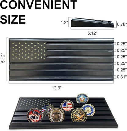 6-Row Military Challenge Coin Display Stand - Challenge Coin Holder with Rustic for Collectors Organize Medals & Memorabilia - Coin Holder for Home, Office, Showcase (Holds 30-36 Coins, American Flag ) (Black)