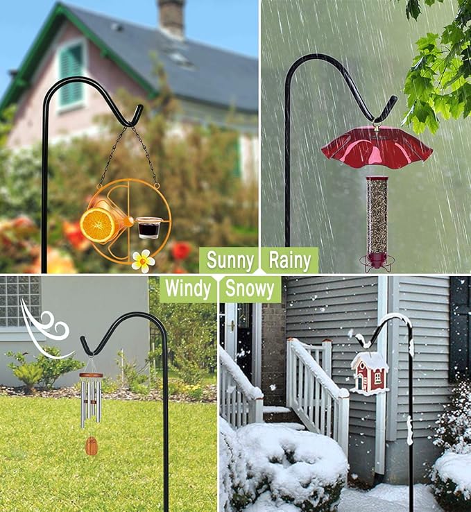 Garbuildman 92 Inch Tall Shepherd Hooks with 5-Forked Base, Adjustable Heavy Duty Bird Feeder Pole Stand Hanger for Outdoor, Shiny Black, 1 Pack