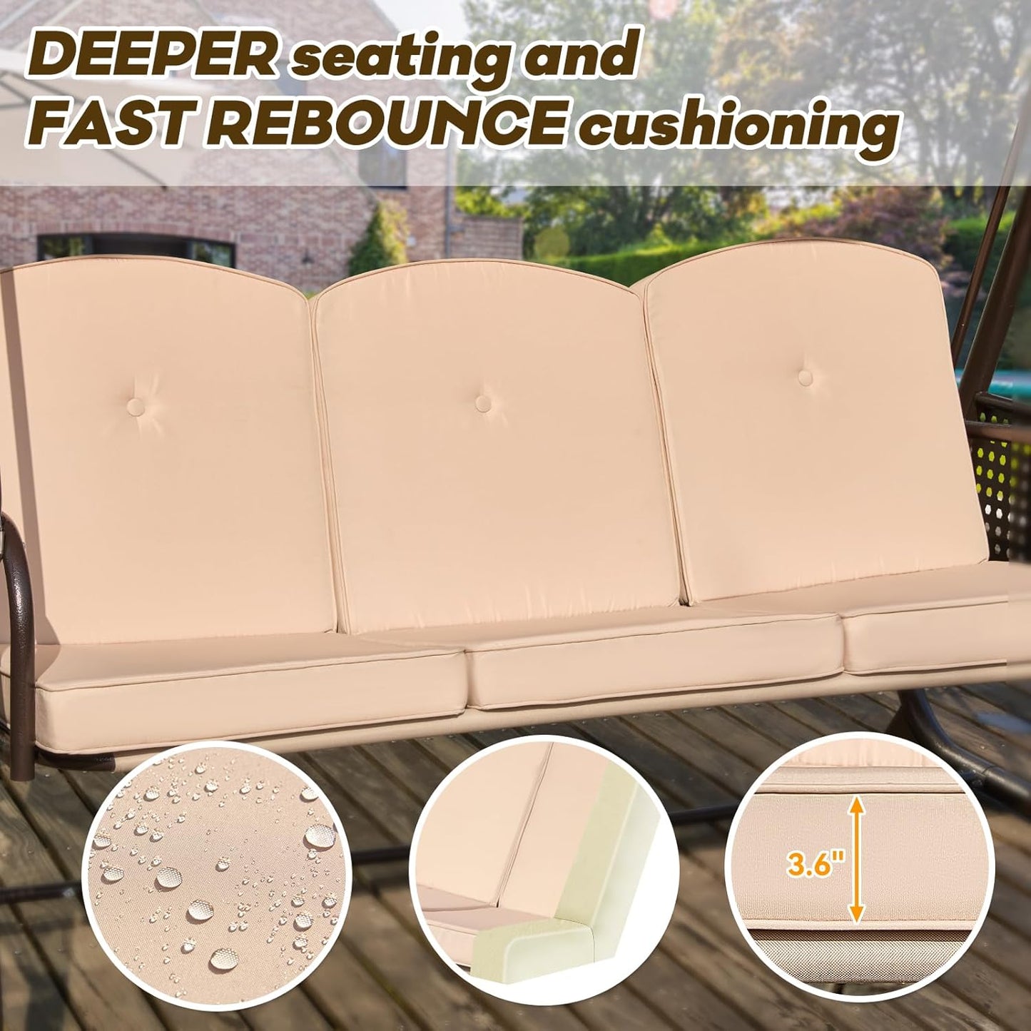 3 in 1 Outdoor Porch Swing with Adjustable Canopy, 3 Seat Outdoor Swing for Adults, Patio Swing Chair with Thickened Cushions,Pillows & Cup Holders for Backyard, Porch, Garden (Khaki)