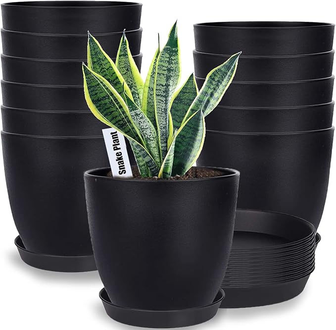 Plant Pots, 12 Pack 6 inch Modern Plastic Planters with Drainage Holes and Saucers for Indoor Outdoor Plants and Flowers, Black