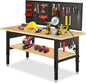 60“ Adjustable Height Workbench Work Bench for Garage Work Table with Under Table Shelf Heavy Duty Rubber Wood Top for Shop Woodworking, Office, Home, Commercial