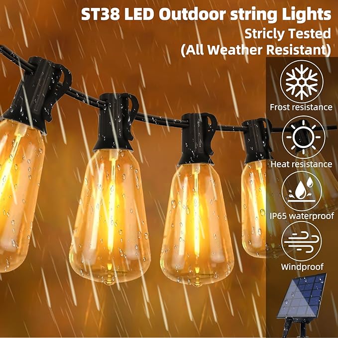 58FT Solar String Lights Waterproof with Remote, ST38 LED Dimmable Globe Outdoor Lights for Patio with 27 Edison Vintage Shatterproof Bulbs, Connectable Backyard Lights for Bistro, Porch