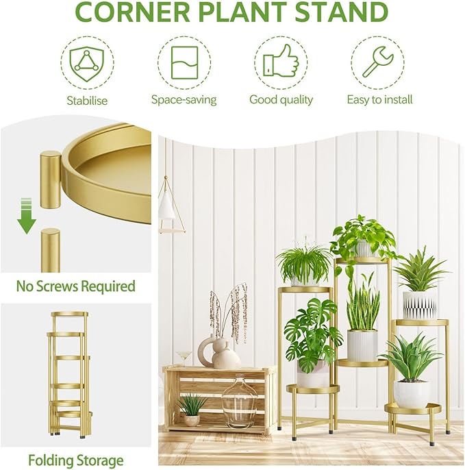 iDavosic.ly 6 Tier Large Plant Stand Indoor, 10 Inch Wide Tall Corner Metal Plant Stands Outdoor for Multiple Plants, Folding Tiered Flower Display Holder Rack Shelf, Gold