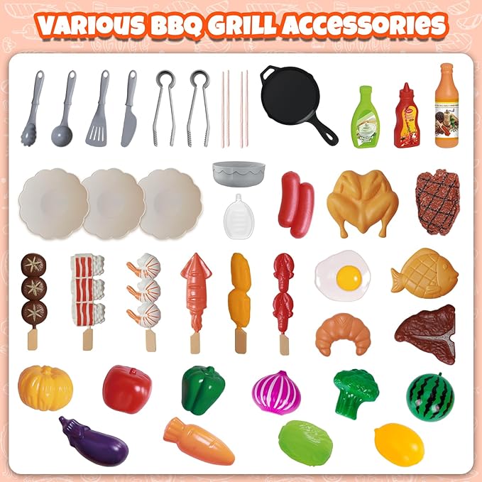 68 Pcs BBQ Grill Playset - with Smoke, Light, Sound & Play Food, Kids Toys Kitchen Play Set, Outdoor Play Grill Toy for Toddlers 3 4 5 6 7 8, Birthday Gifts for 3-8 Years Old Boy Girls