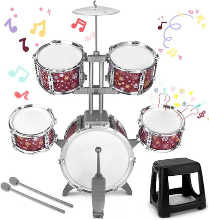 Kids Drum Set for Toddlers 1-3 Musical Jazz Drum with Stool Toys for 2-5 4-6 5-7 Boys Girls Birthday, Red