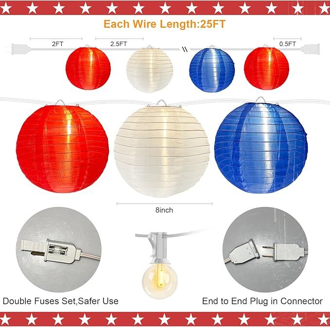 4th of July Decoration Lights, 25Ft Red White and Blue Lantern Lights with 11 LED Bulbs (1 spare bulbs), Hanging Patriotic Decor Lights for July 4th, Independence Day, Yard, Garden, Memorial Decor