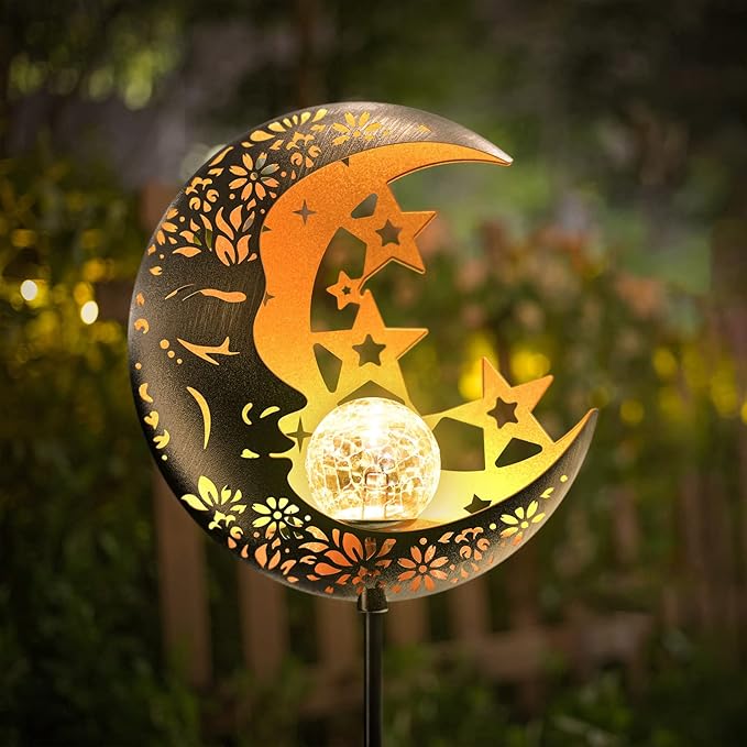 Moon Solar Lights Outdoor Garden Decorative Star Solar Lantern with Warm Light Waterproof Metal Outdoor Decoration for Patio, Pathway or Yard Garden Decor