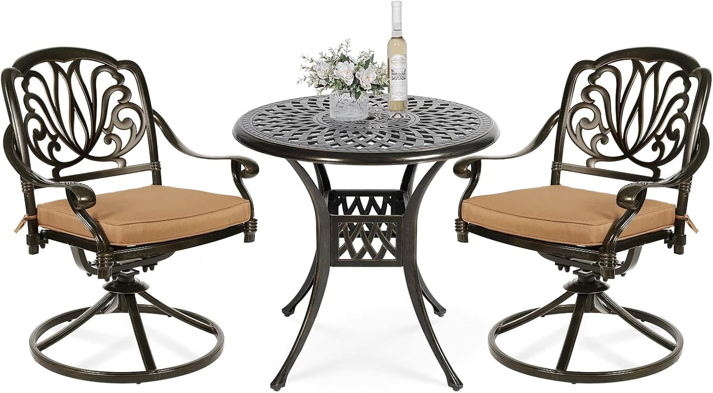 VIVIJASON 3-Piece Patio Furniture Dining Set, Outdoor All-Weather Cast Aluminum Bistro Set, Include 2 Swivel Chairs and 31" Round Table w/Umbrella Hole for Balcony, Lawn, Garden, Antique Bronze