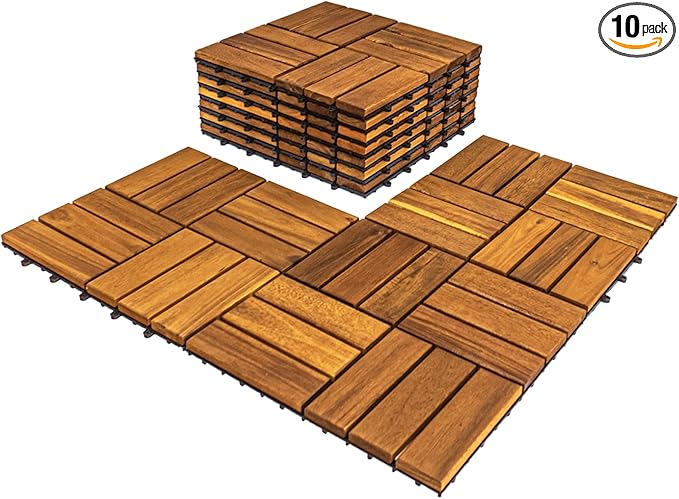 Pack of 10 Deck Tiles - 12"x12" Interlocking Natural Solid Acacia Wood for Outdoor & Indoor, Patio Garden, Balcony, Poolside - Golden Teak Color