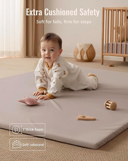 Blissful Diary Vegan Leather Baby Play Mat, Waterproof and Wipe-Clean, 67"x51" Large & Thicken Foam Playmat for Infants and Toddlers, Brown Gray