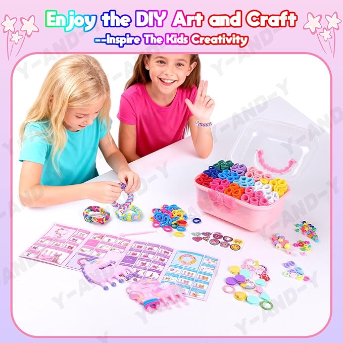 Kids Art and Craft Kit, DIY Bracelet Making Kit for Kids Age 6+ Years Old, 1200+ Colorful Hair Ties Rubber Band Bracelet Make Toy with Unicorn Giraffe Weaving Comb, Organizer Case, Gifts for Girls