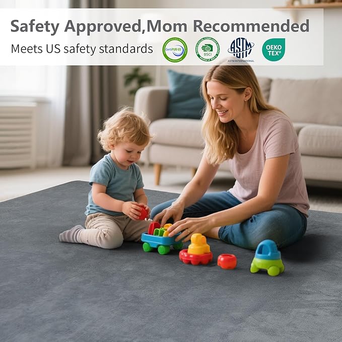 Baby Play Mat for Floor,Extra Large 79"×118" Tummy Time Mat,Thicker Memory Foam Mats for Toddler,Infant,Kids,Water Repellent Ultra Soft Coral Velvet,Non-Slip Backing Safe for Crawling(Dark Grey)