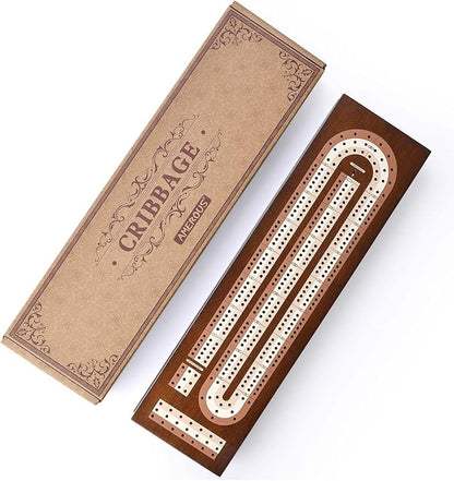 AMEROUS Wooden Cribbage Board Game Set with Magnetic Lock - Metal Pegs - 2 Playing Cards - Continuous 3 Track Board - Larger Storage Area, Travel Portable Cribbage Game Sets for Family