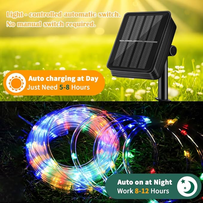 Solar Rope Lights 39FT IP65 Waterproof Outdoor Lights LED Copper Fairy String Tube Lights for Party Garden Yard Home Wedding Christmas Halloween Holiday Tree Decoration Lighting(Multi Color)