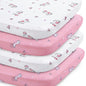 Bassinet Sheet 4 Pack for Baby Girls, Bassinet Sheets Universal Fit for Rectangle, Oval, Hourglass Bassinet Pad/Mattress, Stretchy Bassinet Sheets, Pink Print