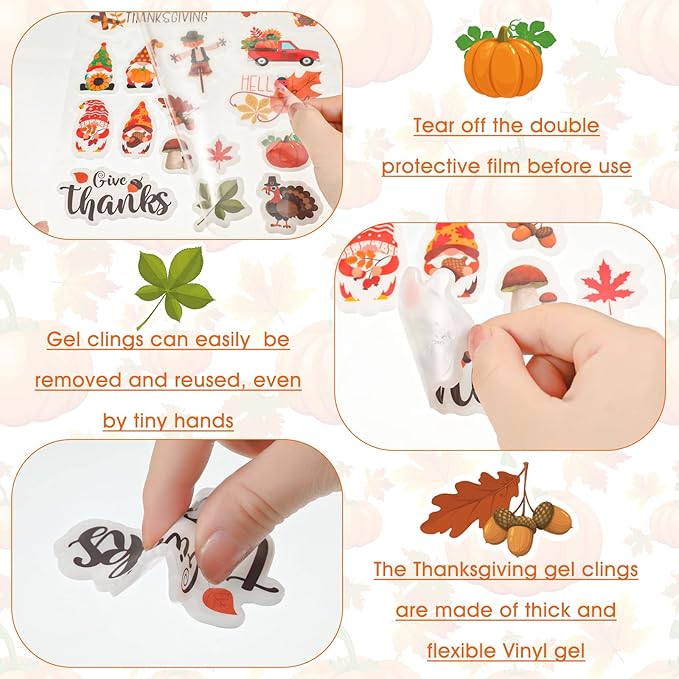 Ferraycle 21 Pcs Thanksgiving Fall Window Gel Clings Autumn Window Gel Clings Turkey Pumpkin Gnome Scarecrow Maple Leaves Decor Stickers Decals for Classroom Harvest Party Decor